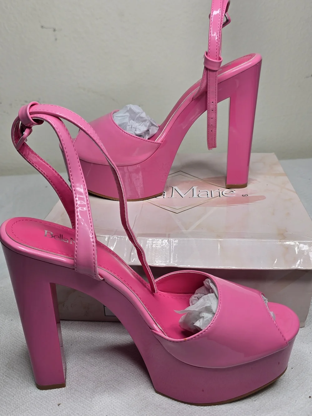 Bella Marie Pink Patent Platform Ankle Strap Buckle Open Toe Block Heel US 10